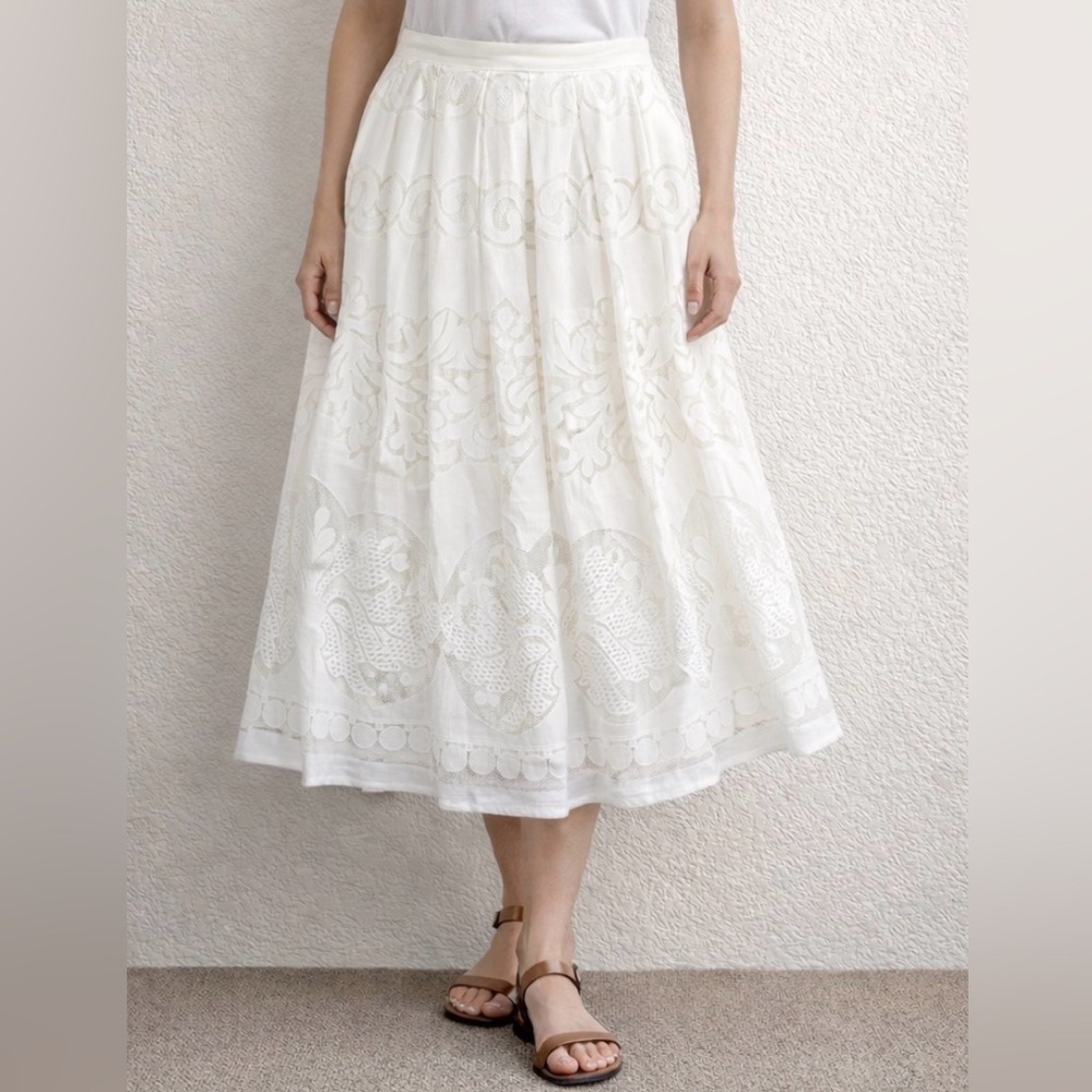 A Peach White Cottagecore Cotton Blend Ornate Lace Midi Skirt Prairie Size Med
